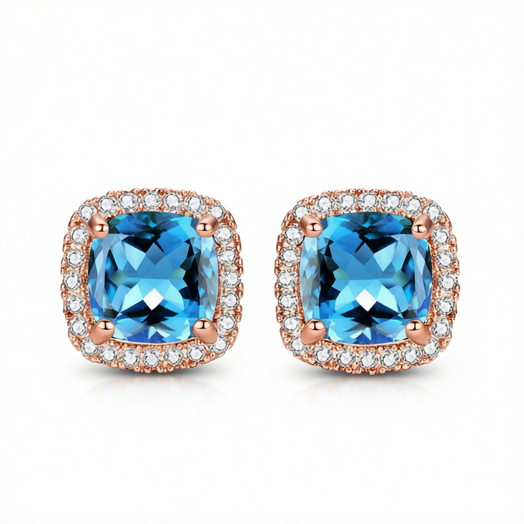 Light Blue Princess Crystal & Cubic Zirconia Rose Goldtone Halo Stud Earrings