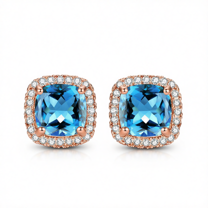 Light Blue Princess Crystal & Cubic Zirconia Rose Goldtone Halo Stud Earrings