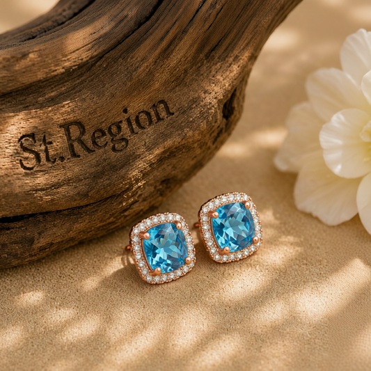 Light Blue Princess Crystal & Cubic Zirconia Rose Goldtone Halo Stud Earrings
