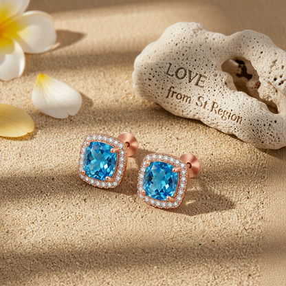 Light Blue Princess Crystal & Cubic Zirconia Rose Goldtone Halo Stud Earrings