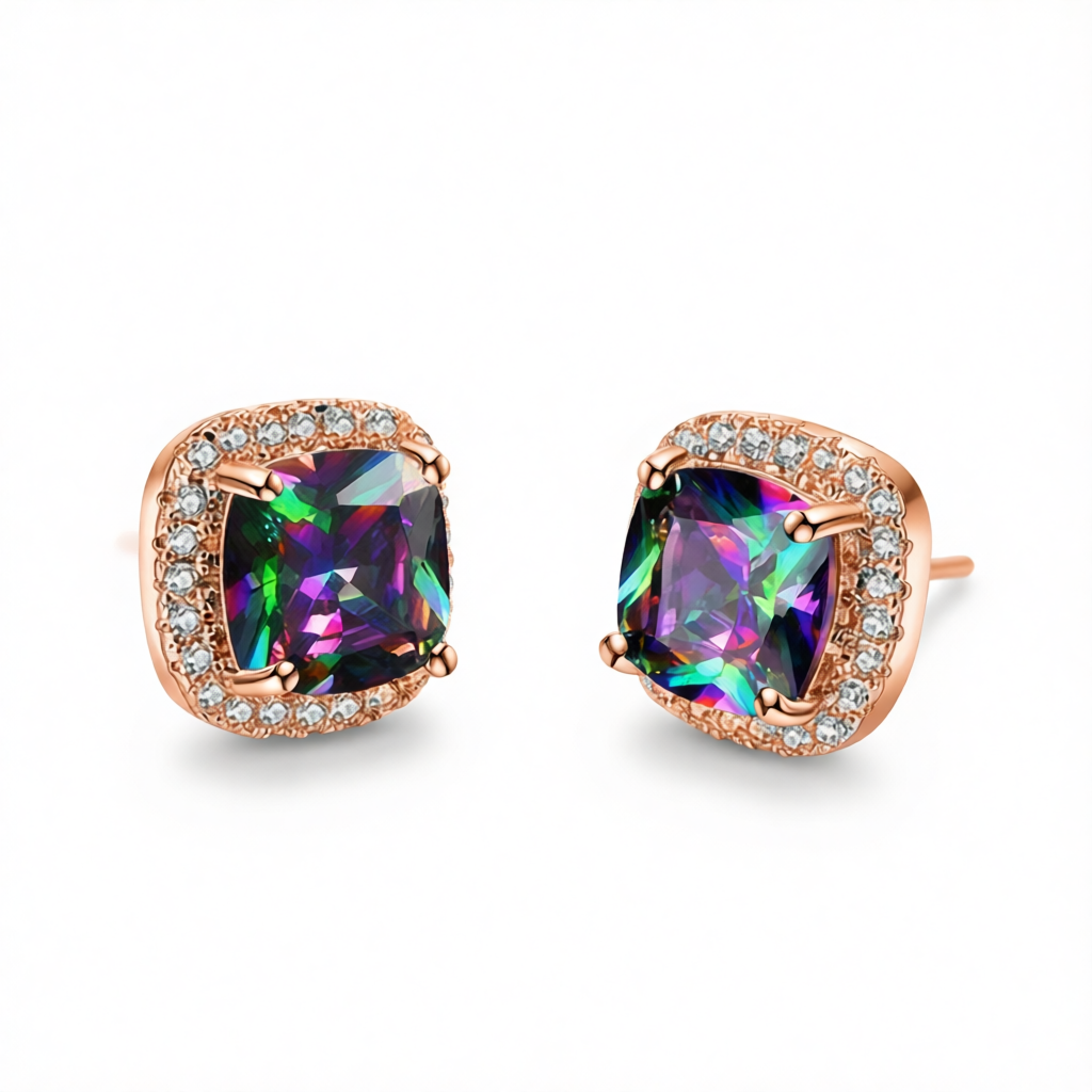 Colored Princess Crystal & Cubic Zirconia Rose Goldtone Halo Stud Earrings