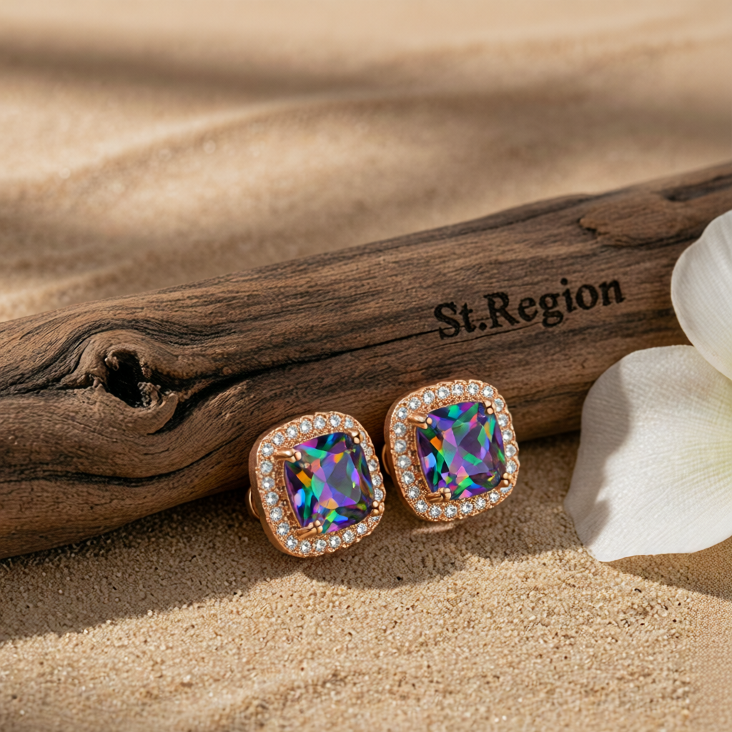 Colored Princess Crystal & Cubic Zirconia Rose Goldtone Halo Stud Earrings