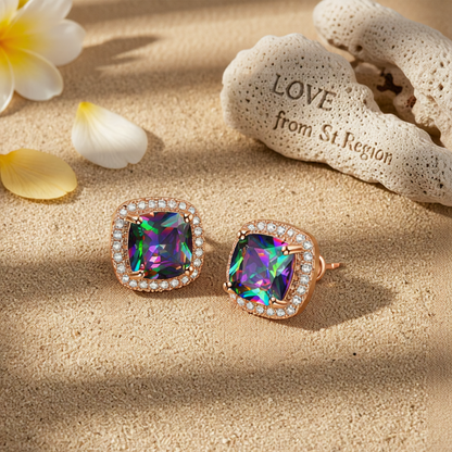 Colored Princess Crystal & Cubic Zirconia Rose Goldtone Halo Stud Earrings