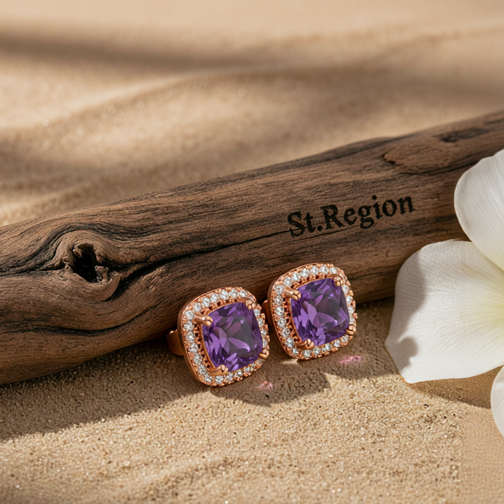 Purple Princess Crystal & Rose Goldtone Halo Stud Earrings