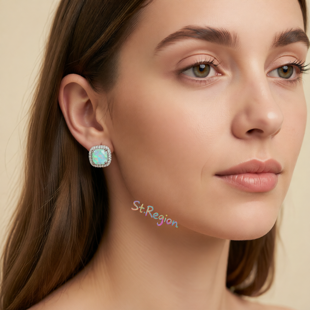 Green Princess Opal & Silvertone Halo Stud Earrings