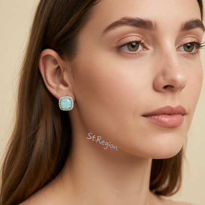 Green Princess Opal & Silvertone Halo Stud Earrings