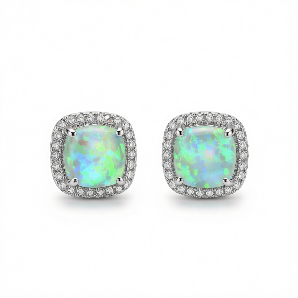 Green Princess Opal & Silvertone Halo Stud Earrings