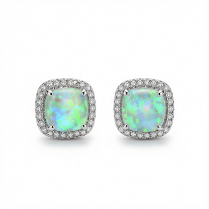 Green Princess Opal & Silvertone Halo Stud Earrings
