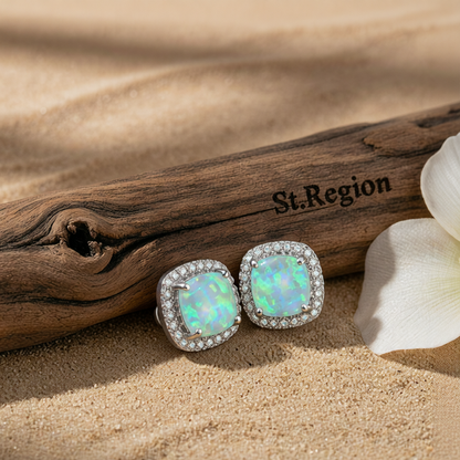 Green Princess Opal & Silvertone Halo Stud Earrings