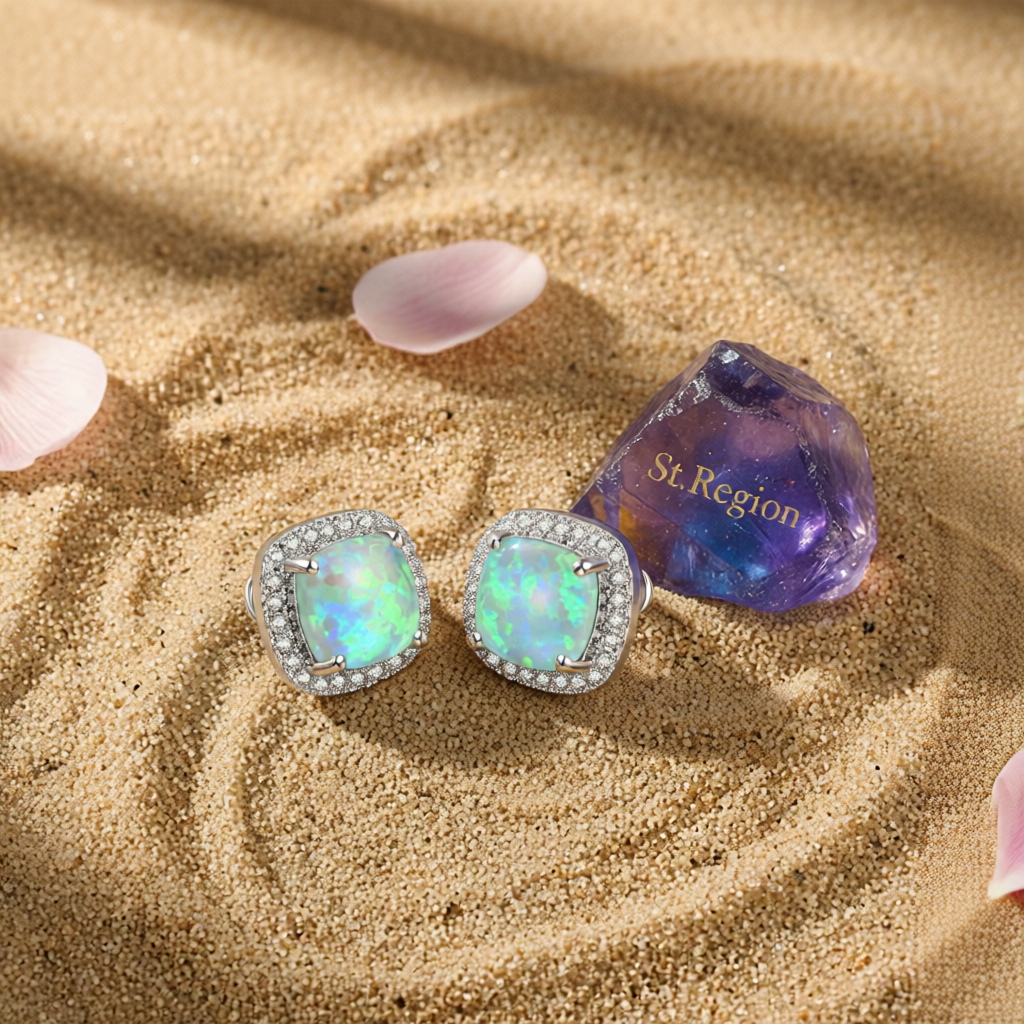 Green Princess Opal & Silvertone Halo Stud Earrings