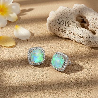 Green Princess Opal & Silvertone Halo Stud Earrings
