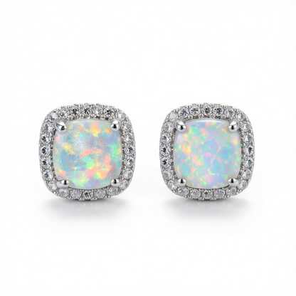 Princess Opal & Cubic Zirconia Silvertone Halo Stud Earrings