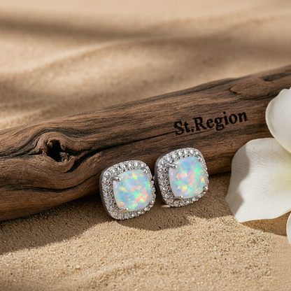 Princess Opal & Cubic Zirconia Silvertone Halo Stud Earrings
