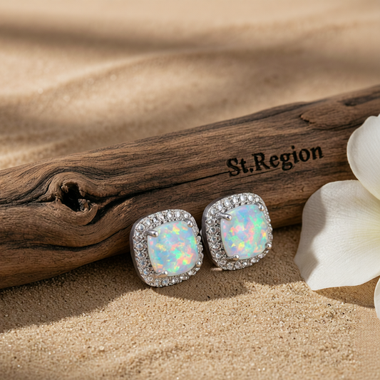 Princess Opal & Cubic Zirconia Silvertone Halo Stud Earrings