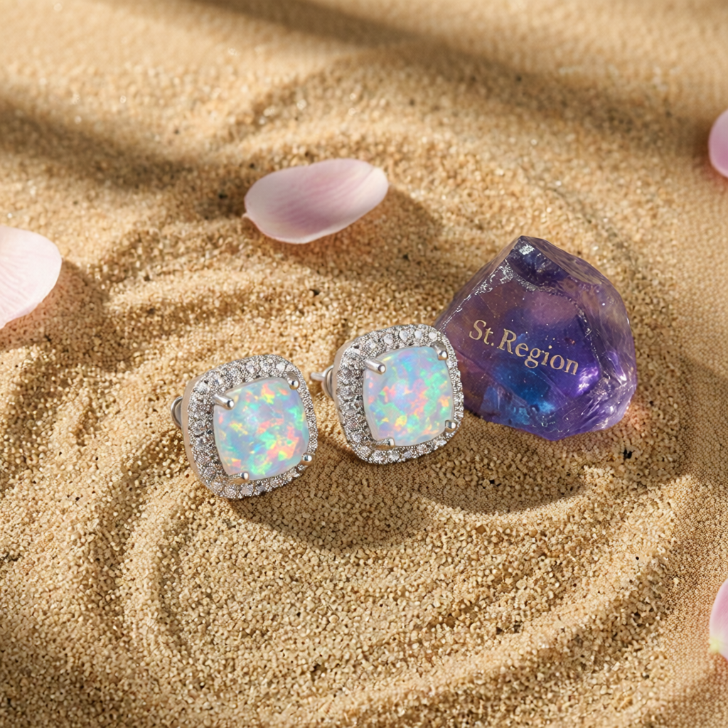 Princess Opal & Cubic Zirconia Silvertone Halo Stud Earrings