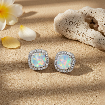 Princess Opal & Cubic Zirconia Silvertone Halo Stud Earrings