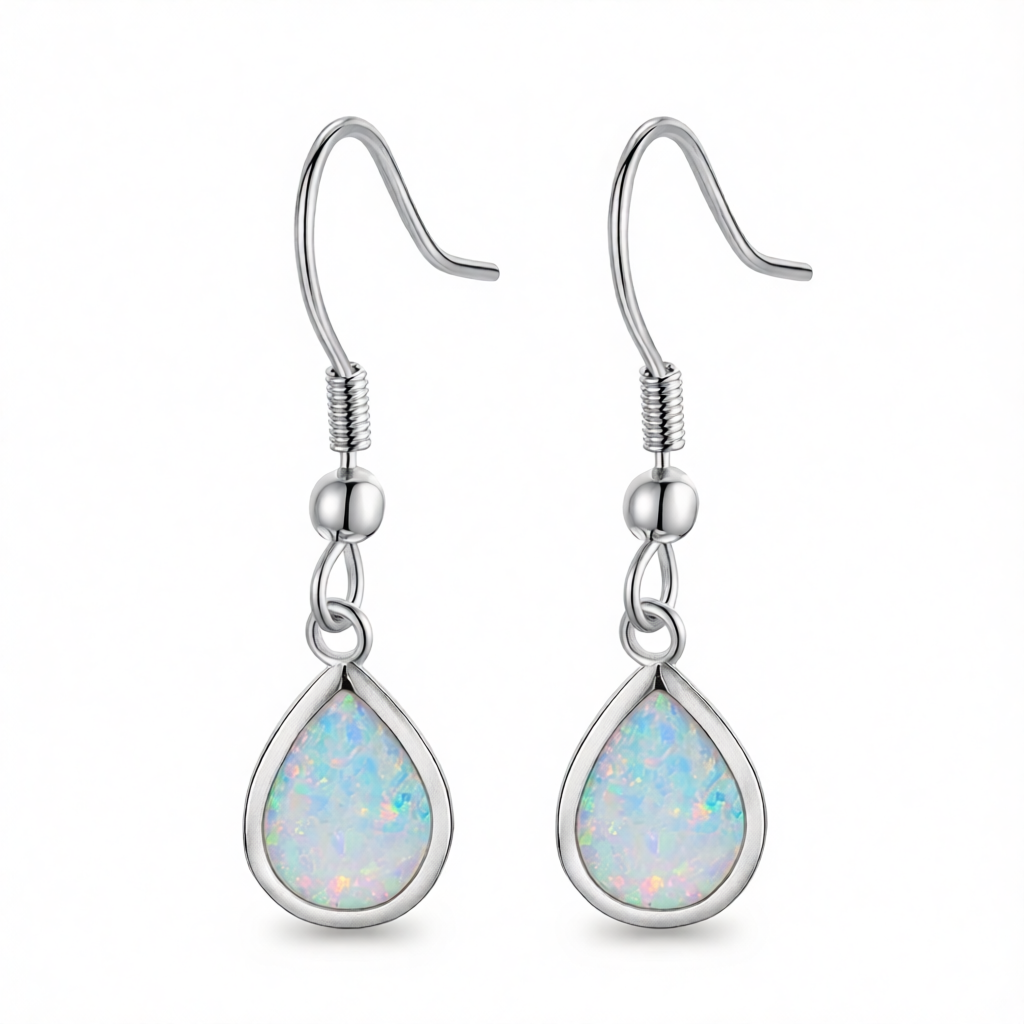 White Opal & Silvertone Teardrop Earrings
