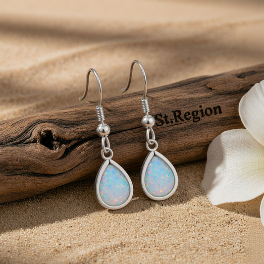 White Opal & Silvertone Teardrop Earrings