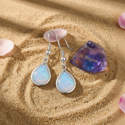 White Opal & Silvertone Teardrop Earrings