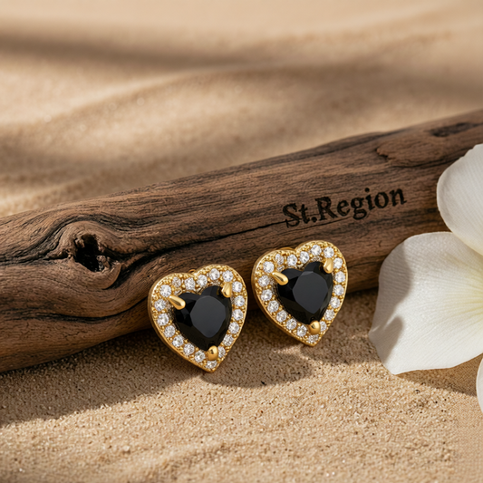 Black Crystal & Cubic Zirconia Goldtone Halo Heart Stud Earrings