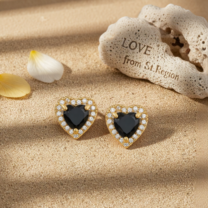 Black Crystal & Cubic Zirconia Goldtone Halo Heart Stud Earrings