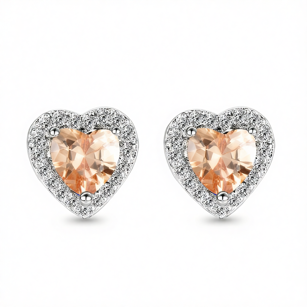 Champagne Crystal & Cubic Zirconia Silvertone Halo Heart Stud Earrings