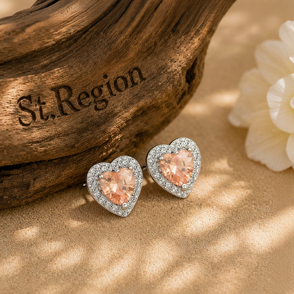 Champagne Crystal & Cubic Zirconia Silvertone Halo Heart Stud Earrings