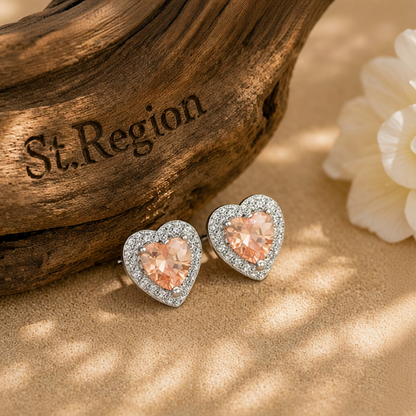 Champagne Crystal & Cubic Zirconia Silvertone Halo Heart Stud Earrings