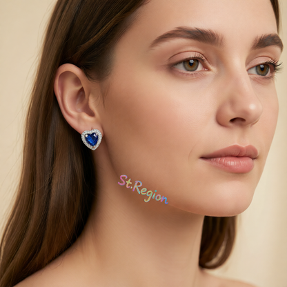 Navy Crystal & Cubic Zirconia Silvertone Halo Heart Stud Earrings