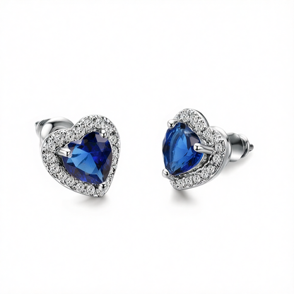 Navy Crystal & Cubic Zirconia Silvertone Halo Heart Stud Earrings