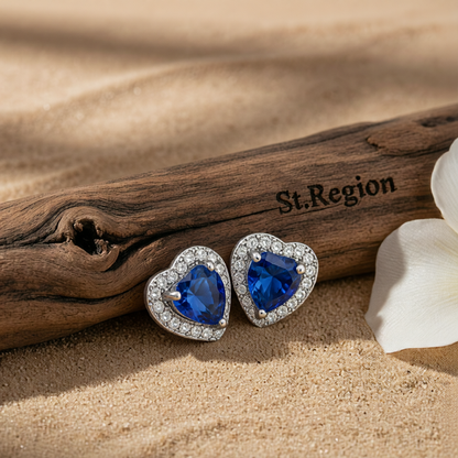 Navy Crystal & Cubic Zirconia Silvertone Halo Heart Stud Earrings