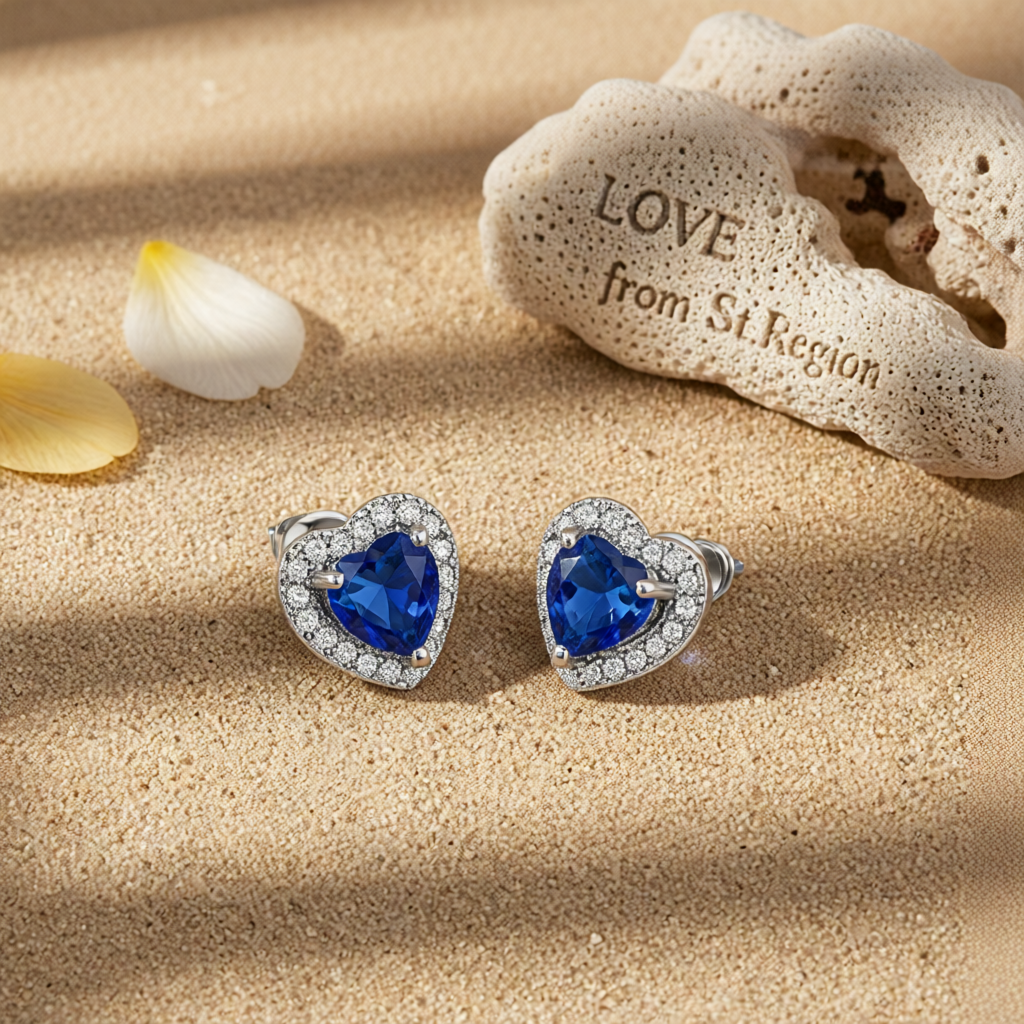 Navy Crystal & Cubic Zirconia Silvertone Halo Heart Stud Earrings