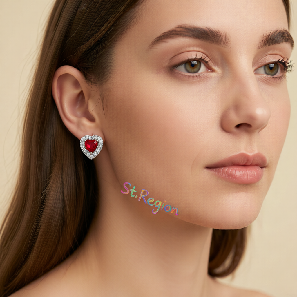 Red Crystal & Cubic Zirconia Silvertone Halo Heart Stud Earrings