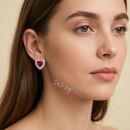 Red Crystal & Cubic Zirconia Silvertone Halo Heart Stud Earrings