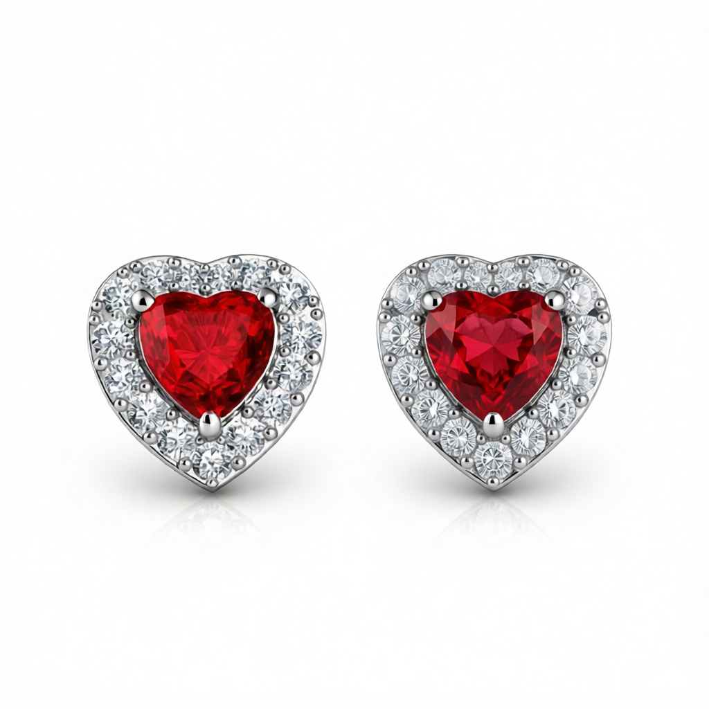 Red Crystal & Cubic Zirconia Silvertone Halo Heart Stud Earrings