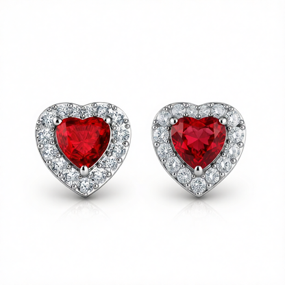 Red Crystal & Cubic Zirconia Silvertone Halo Heart Stud Earrings
