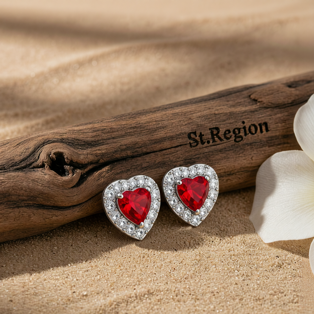 Red Crystal & Cubic Zirconia Silvertone Halo Heart Stud Earrings