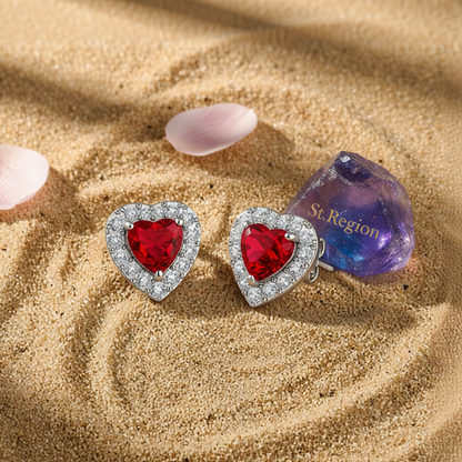 Red Crystal & Cubic Zirconia Silvertone Halo Heart Stud Earrings