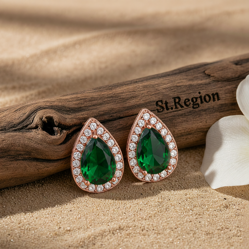 Green Crystal & Cubic Zirconia Rose Goldtone Halo Teardrop Stud Earrings
