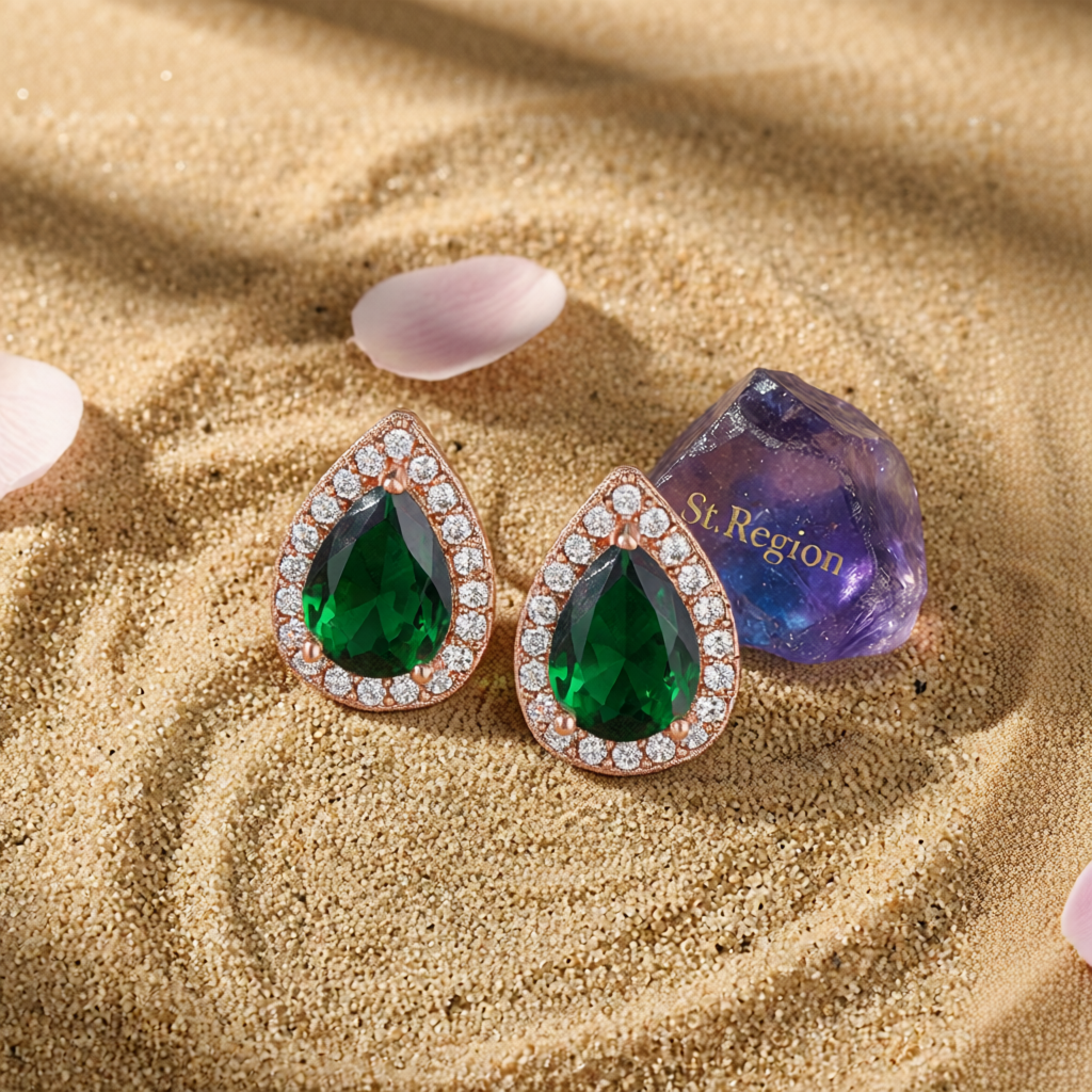 Green Crystal & Cubic Zirconia Rose Goldtone Halo Teardrop Stud Earrings