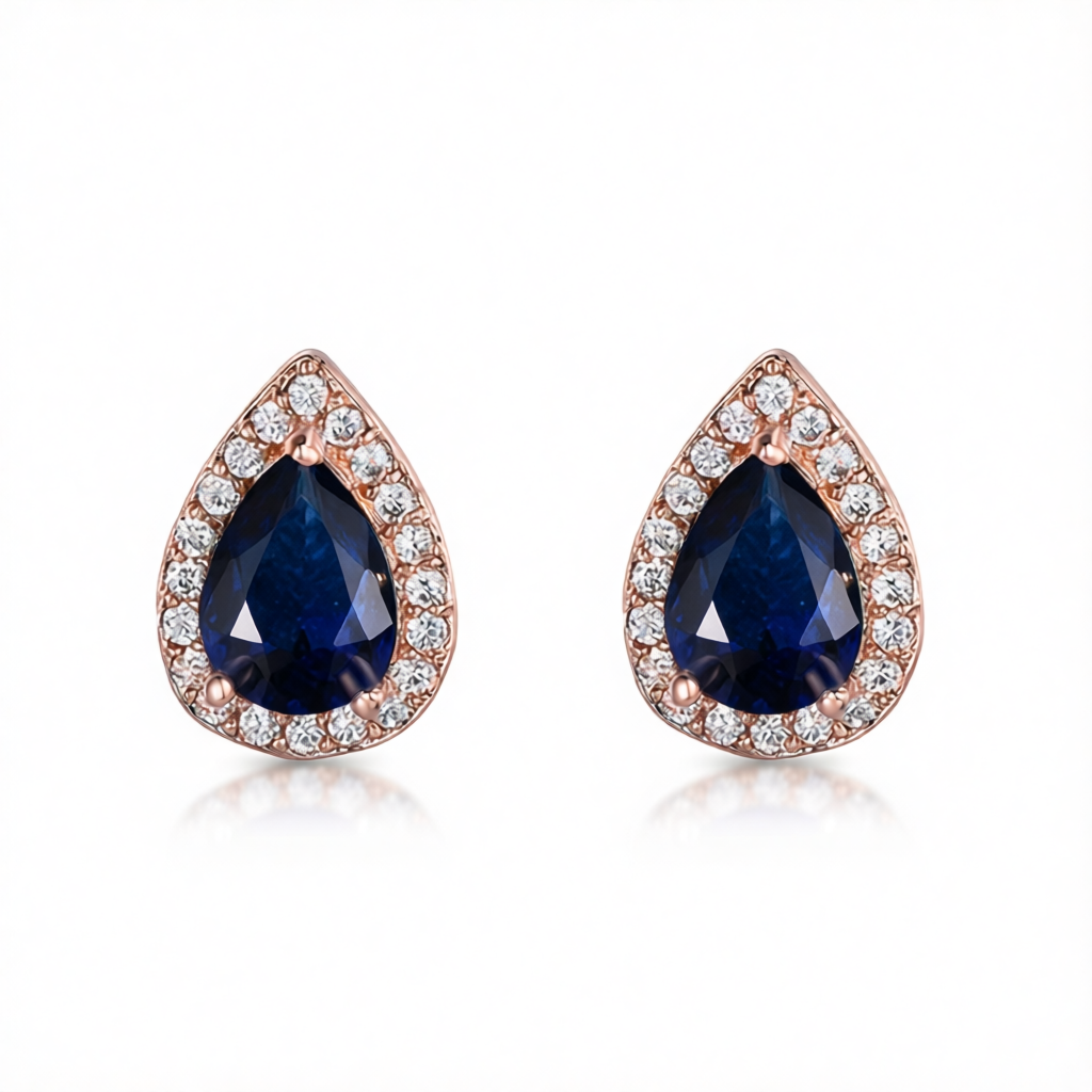 Navy Crystal & Cubic Zirconia Rose Goldtone Halo Teardrop Stud Earrings
