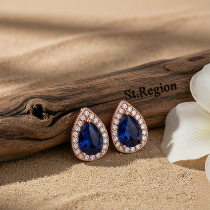 Navy Crystal & Cubic Zirconia Rose Goldtone Halo Teardrop Stud Earrings