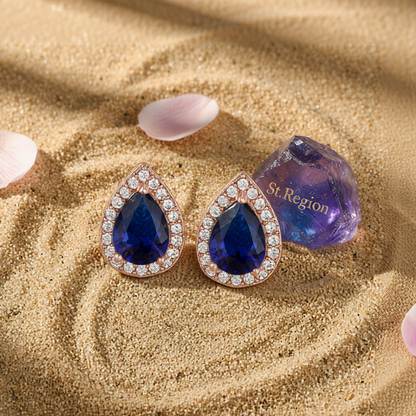 Navy Crystal & Cubic Zirconia Rose Goldtone Halo Teardrop Stud Earrings