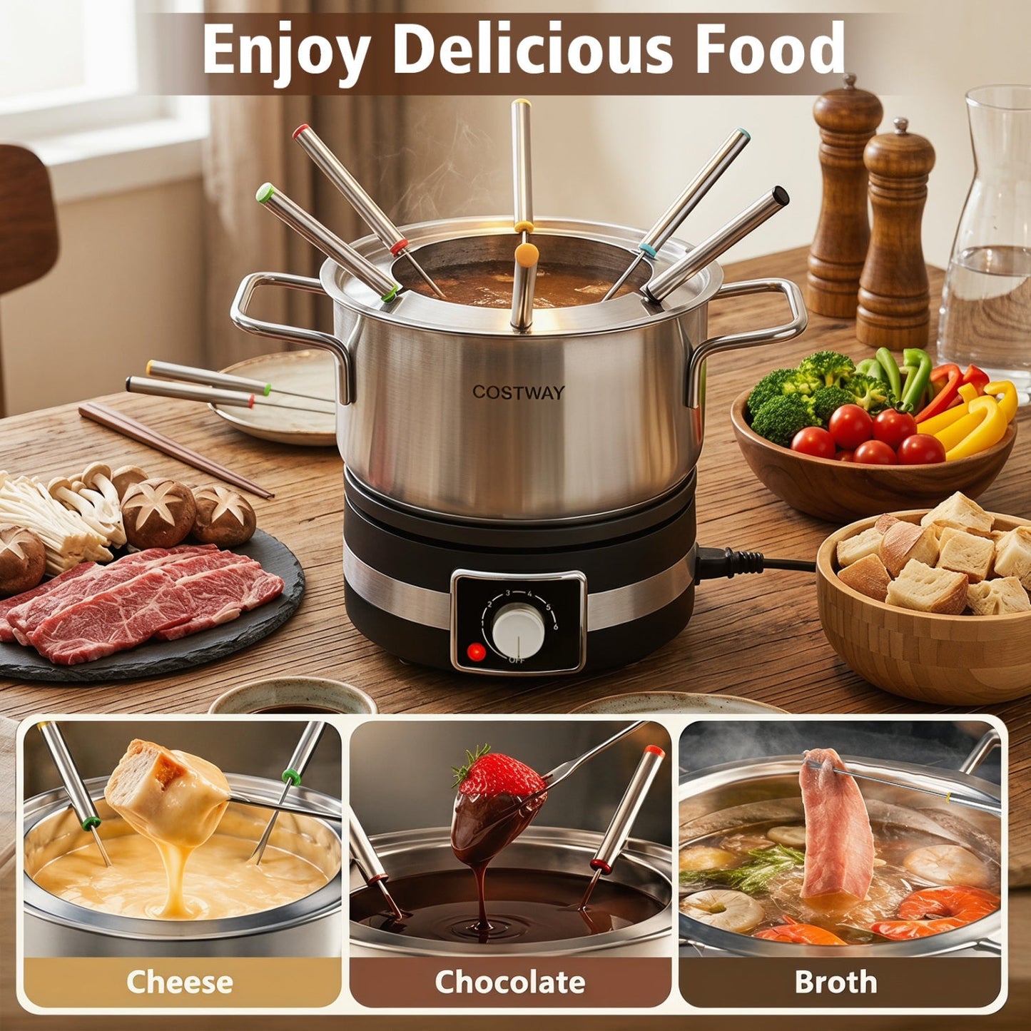Electric Fondue Pot Set with 6 Forks - 2.6 Quart Capacity