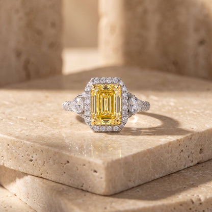 3Cttw Radiant Shaped Yellow Lab Grown Diamond (F/VS) Accented Three Stone Engagement Ring in 14K Gold