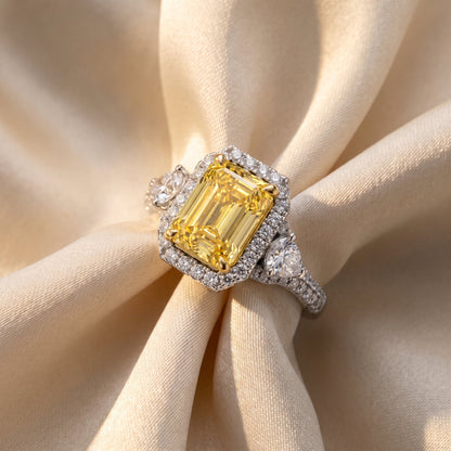 3Cttw Radiant Shaped Yellow Lab Grown Diamond (F/VS) Accented Three Stone Engagement Ring in 14K Gold