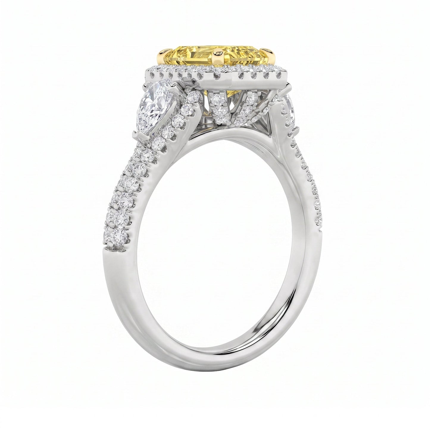 3Cttw Pear Shaped Yellow Lab Grown Diamond (F/VS) Three Stone Bold Accented Engagement Ring in 14K Gold