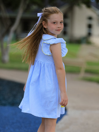 Girls Back To School Crayon Dress Ruffle Petal Collar Applique