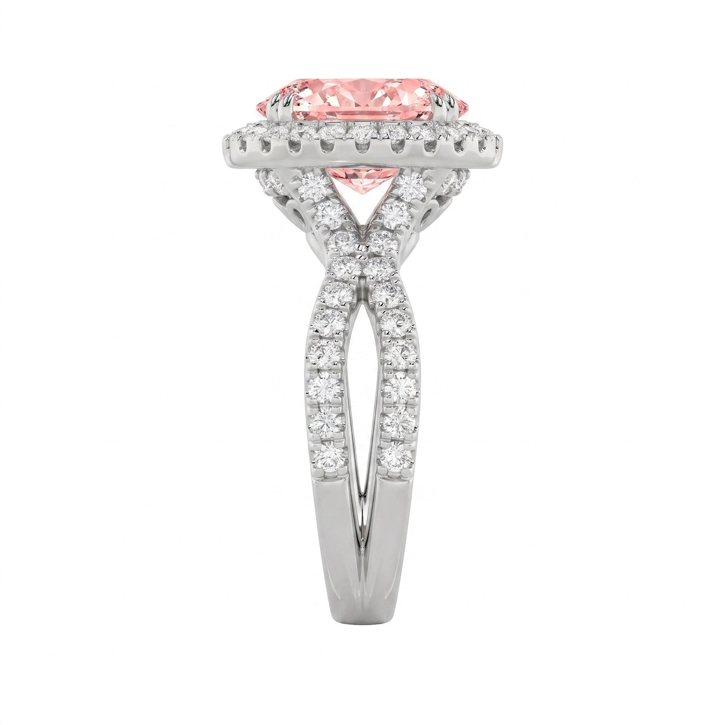 4Cttw Oval Shaped Pink Lab Grown Diamond (F/VS) Split Shank Halo Engagement Ring in 14K Gold
