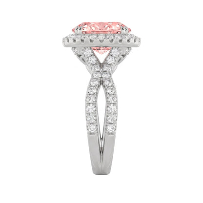 4Cttw Oval Shaped Pink Lab Grown Diamond (F/VS) Split Shank Halo Engagement Ring in 14K Gold